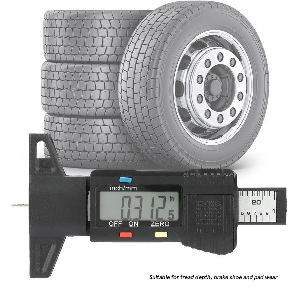 High Precision Digital Tread Depth Gauge and Tire Wear Tester 0-1 inch / 0-25.4 mm Carbon Fiber Brake Shoe Pad Measuring Tool Clear LCD Screen