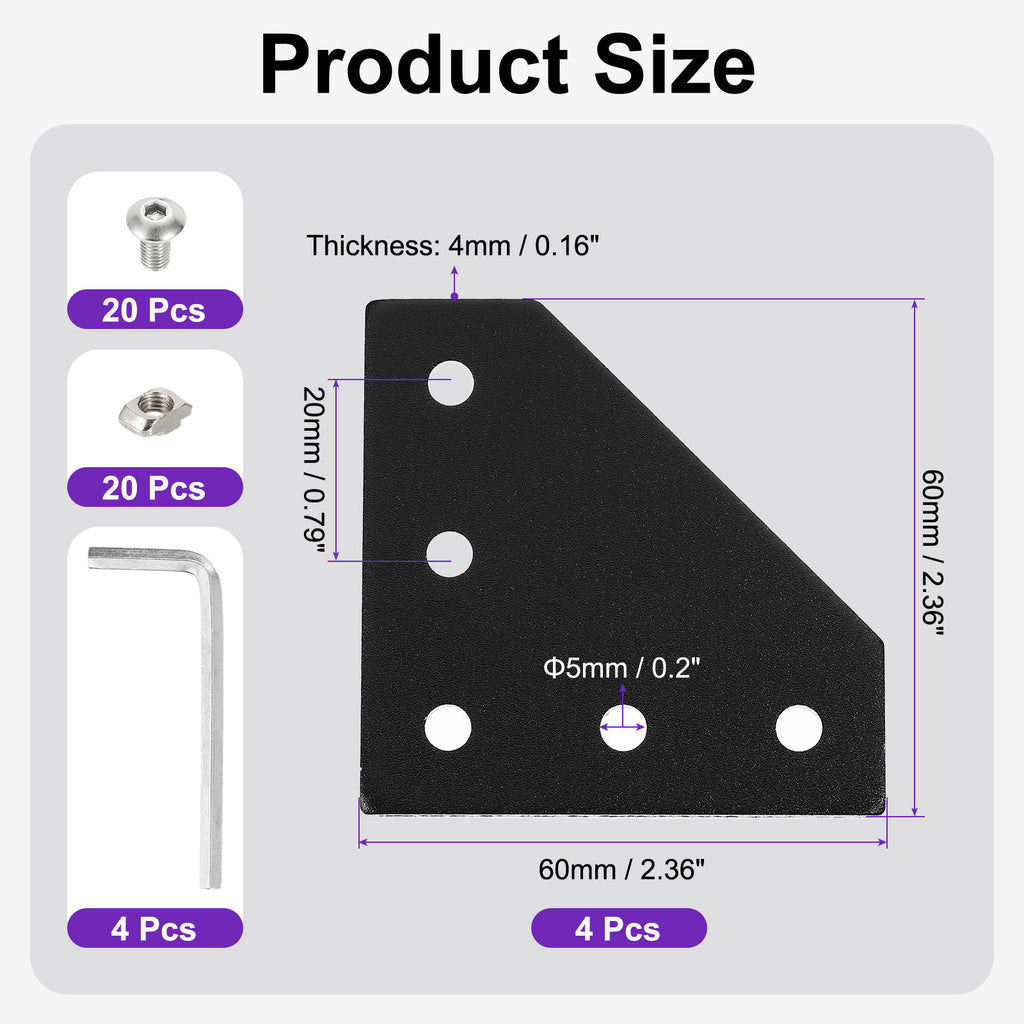 Uxcell 6Set 2020 Corner Bracket Plate, L-Slot Aluminum Extrusion Connector, Outside Joint Plate with Screws for 2020 Series Aluminum Profile 3D Printer Frame, Black