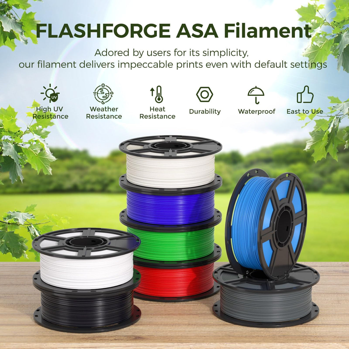 Flashforge ASA Filament 1.75mm, 1KG/2.2lbs UV Resistant ASA 3D Printer Filament with Satin Finish, Natural