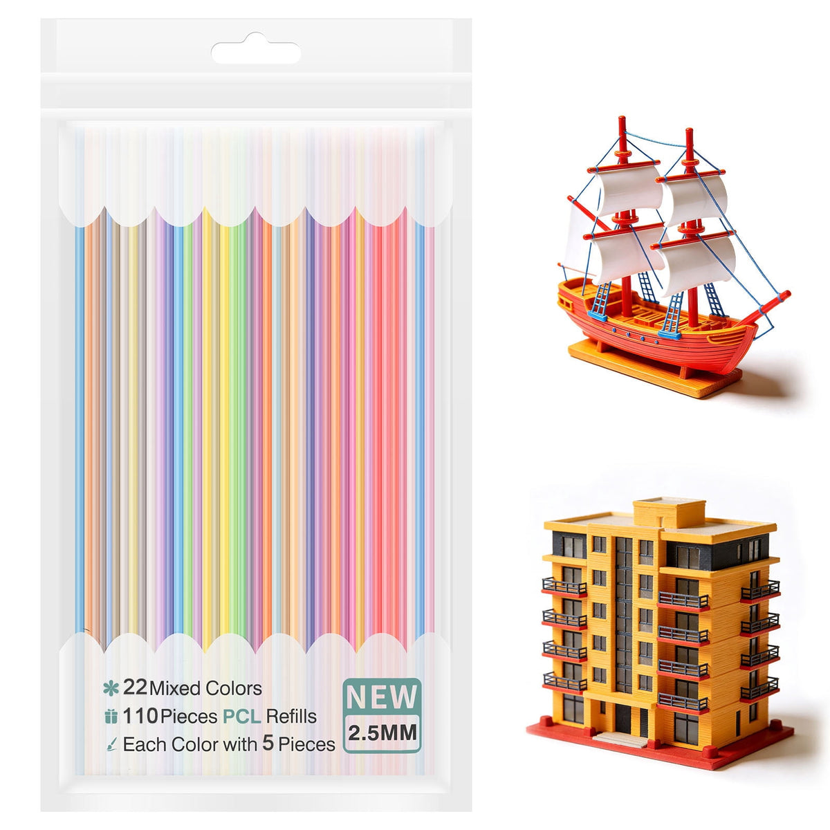 Tmwefusc 300 Pcs 2.5mm 3D Pen PCL Refill Assorted Color Resealable 3D Printer Filament Refill for Kid