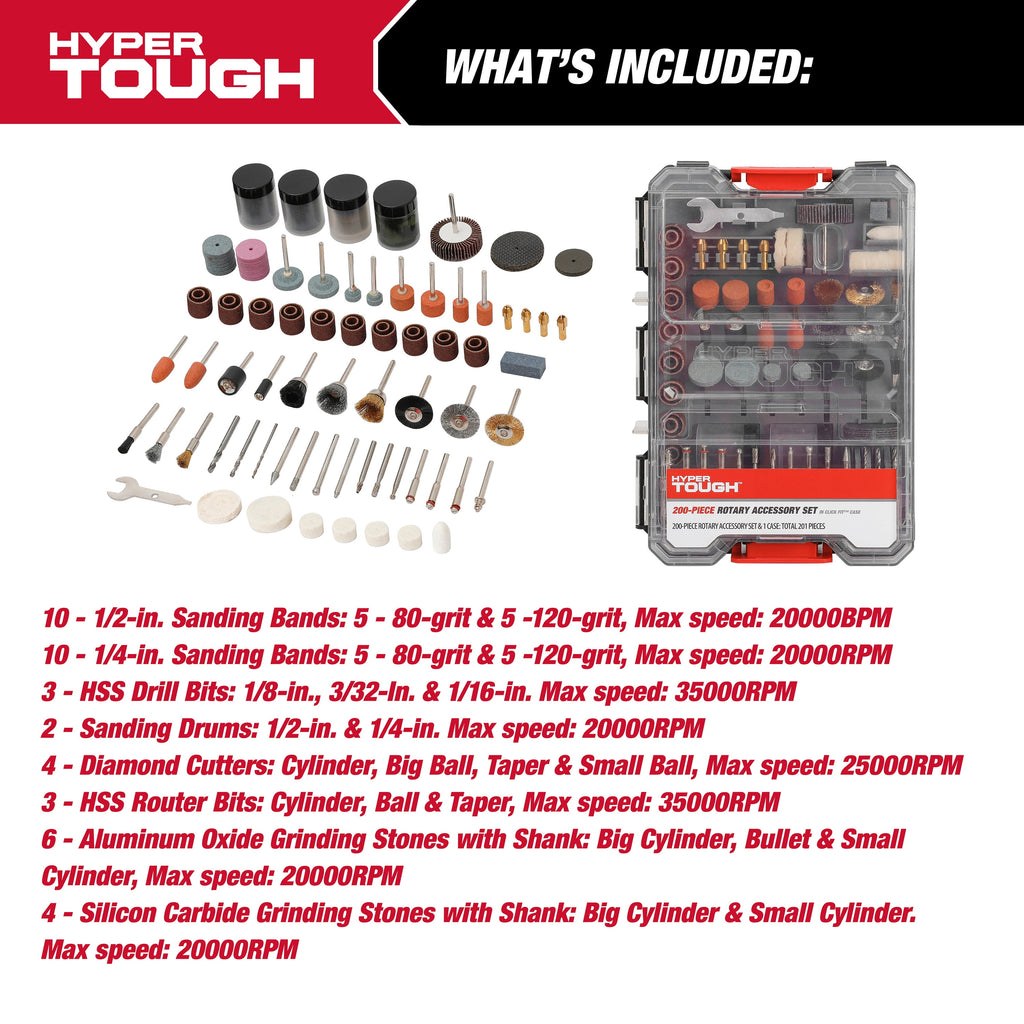 Hyper Tough 200-Piece Universal Rotary Accessory Kit in Click Fit Case