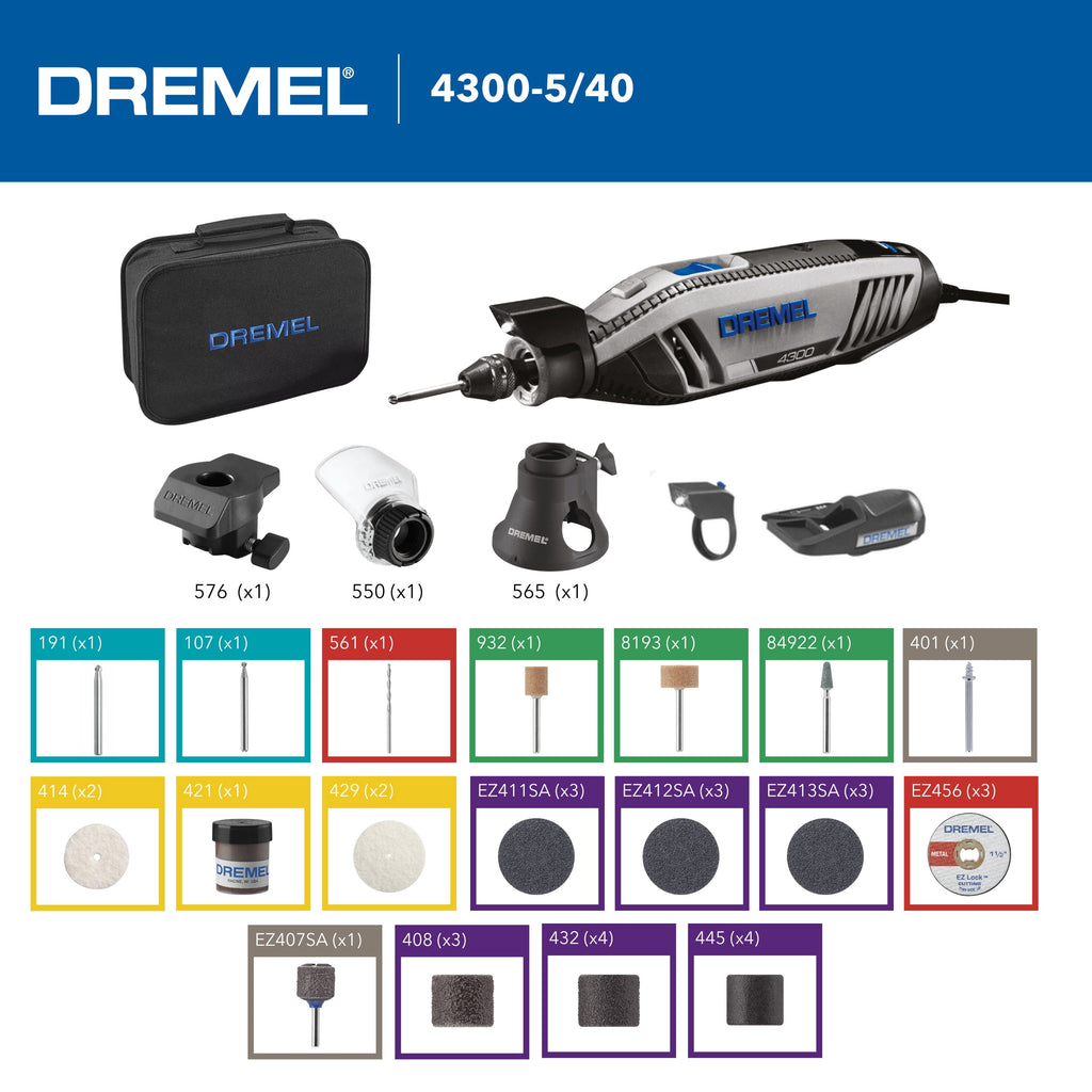 Dremel 4300-5/40 Corded Rotary Tool, Variable Speed with 5 Attachments, 40 Accessories & Dremel Soft Case, 1.8A/120Volts