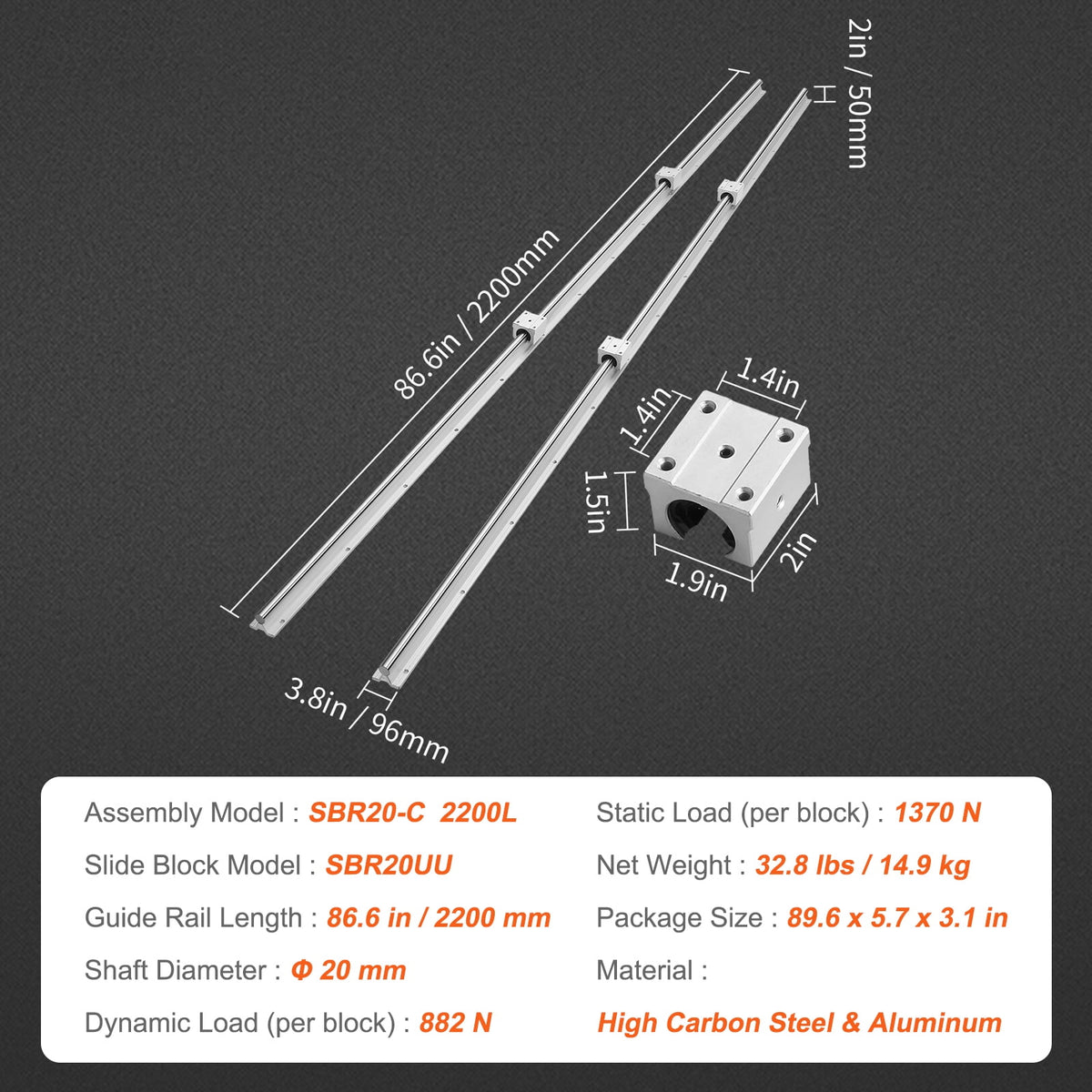 KFFKFF Linear Movement Kit, SBR20 2200mm, Includes Dual 86.6-inch SBR20 Guides & Four SBR20UU Bearings, Perfect for Homemade CNC & Automation Tasks