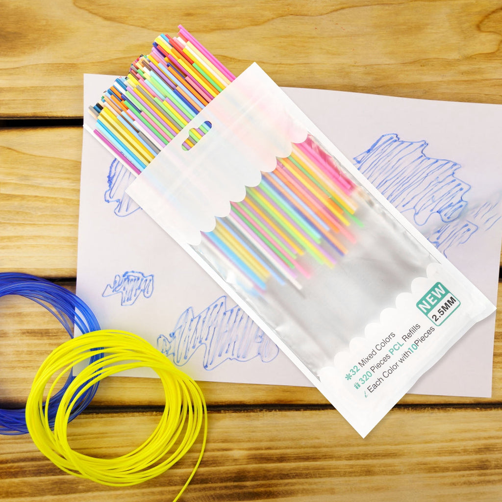 Tmwefusc 300 Pcs 2.5mm 3D Pen PCL Refill Assorted Color Resealable 3D Printer Filament Refill for Kid