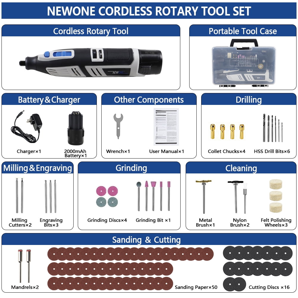 NEWONE 12V Cordless Rotary Tool Kit 6 Variable Speeds 5000-25000 RPM 104 PCS Accessories for Sanding, Polishing, Carving, Cutting, Drilling and DIY Crafts