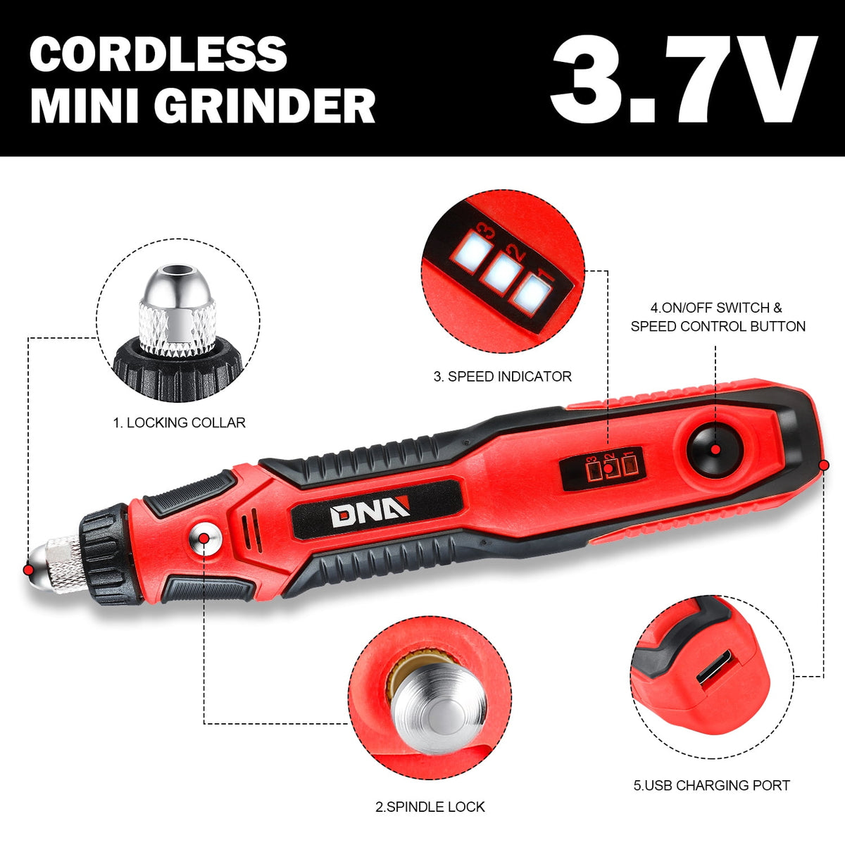 ‎Power Rotary Tool Kit, 3.7V Cordless Mini Grinder Multi-Tool Set for Drilling Grinding Polishing Engraving and Cutting, Red