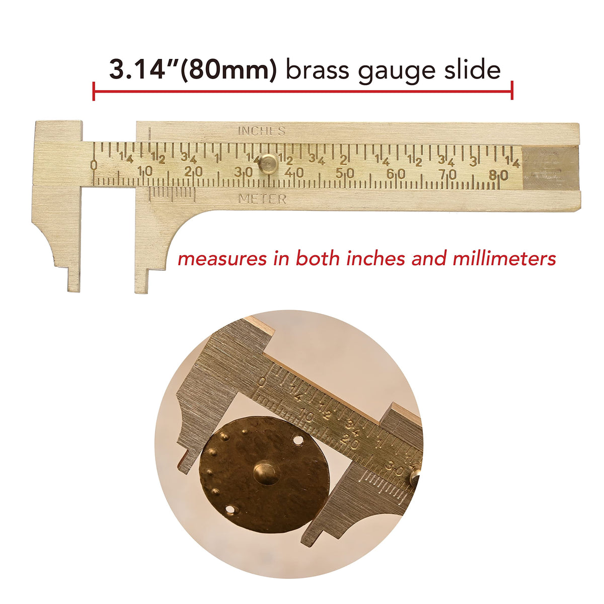 Economy Brass Gauge &ndash; 80mm (3.14&rdquo;) Pocket Sized Slide Gauge &ndash; Measures in Both in Inches and Millimeters &ndash; Sliding Caliper Ruler &ndash; Non-Magnetic Measur