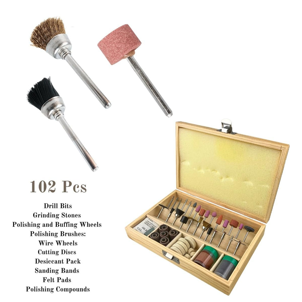 DYNAMIC 100 Pc Rotary Tool Accessory Kit 8.5" 21.6 cm x 5.5" 14 cm x 2" 5.1 cm Wooden Case Universal Compatibility Ideal for Cutting, Sanding, Buffing & More