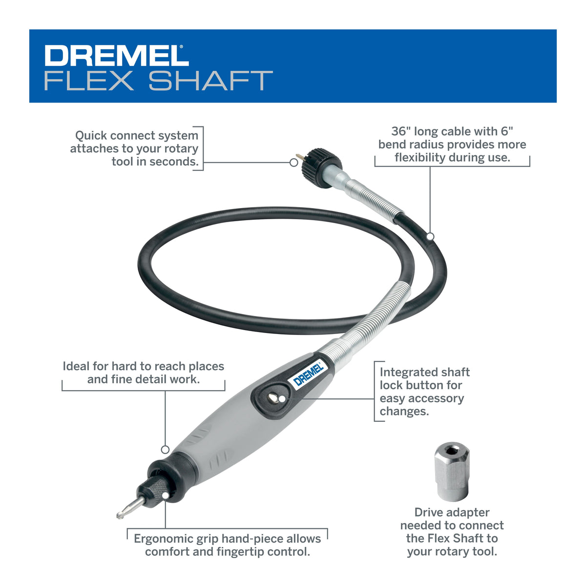 Dremel Flex Shaft 225-02 Rotary Tool Attachment with Comfort Grip and 36” Long Cable - Engraver, Polisher, and Mini Sander- Ideal for Detail Metal Engraving, Wood Carving, and Jewelry Polishing