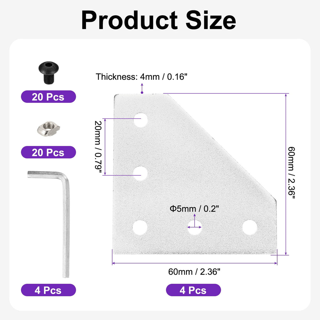 Uxcell 6Set 2020 Corner Bracket Plate, L-Slot Aluminum Extrusion Connector, Outside Joint Plate with Screws for 2020 Series Aluminum Profile 3D Printer Frame, Silver Tone