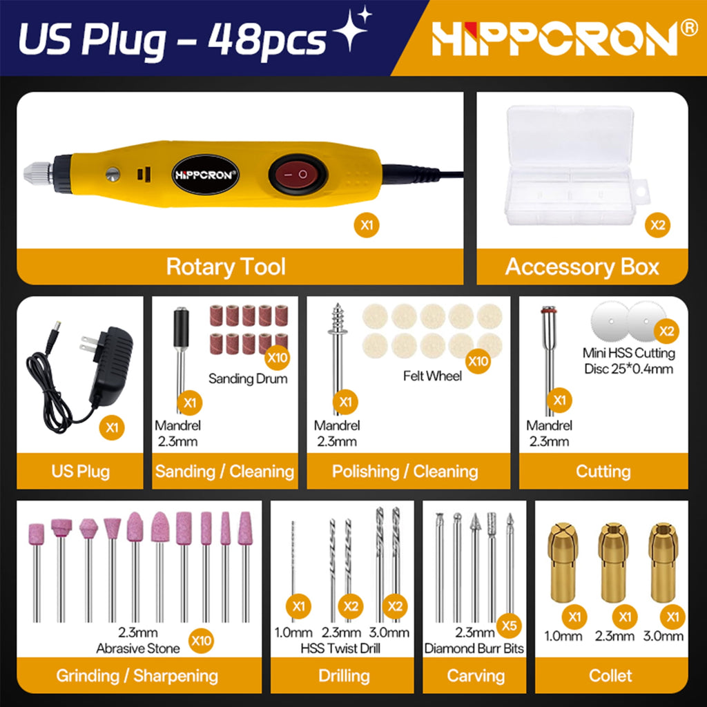 HIPPCRON 12V Corded Electric Mini Rotary Tool Kit, 18000RPM, 48 Accessories & 3 Collets, for Sanding, Polishing, Drilling, Engraving & DIY Craft