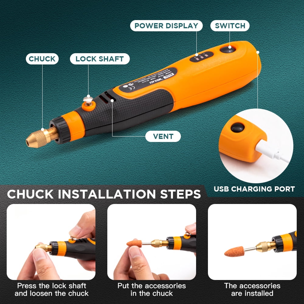 INTELIVE 57pcs Cordless Rotary Tool, Polishing Grinder Tool Kit, 3-Speed Electric Grinder Set, Multi-Purpose Rotary Tool for Sanding Polishing Drilling Etching Engraving Cutting Jewelry DIY