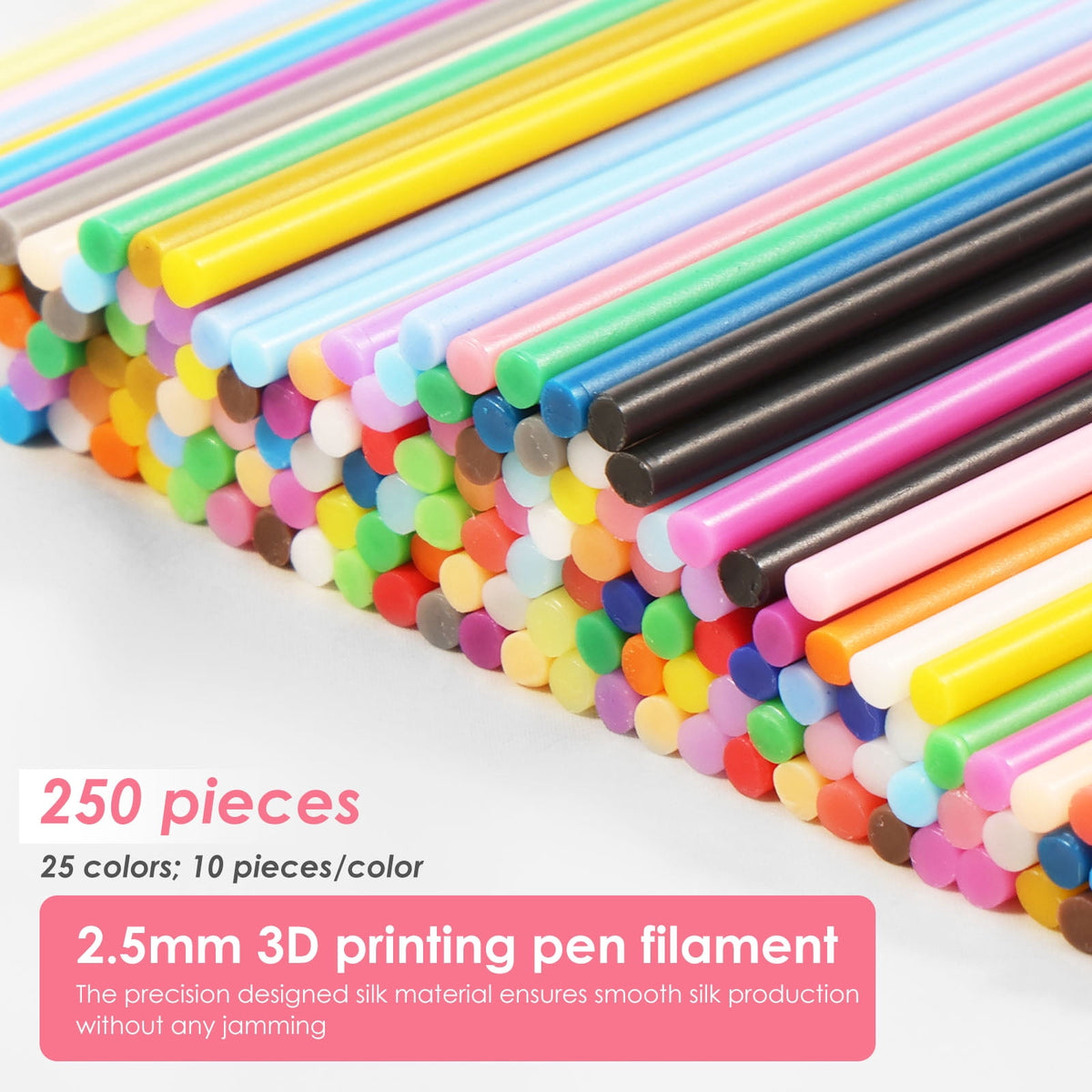 Tmwefusc 300 Pcs 2.5mm 3D Pen PCL Refill Assorted Color Resealable 3D Printer Filament Refill for Kid