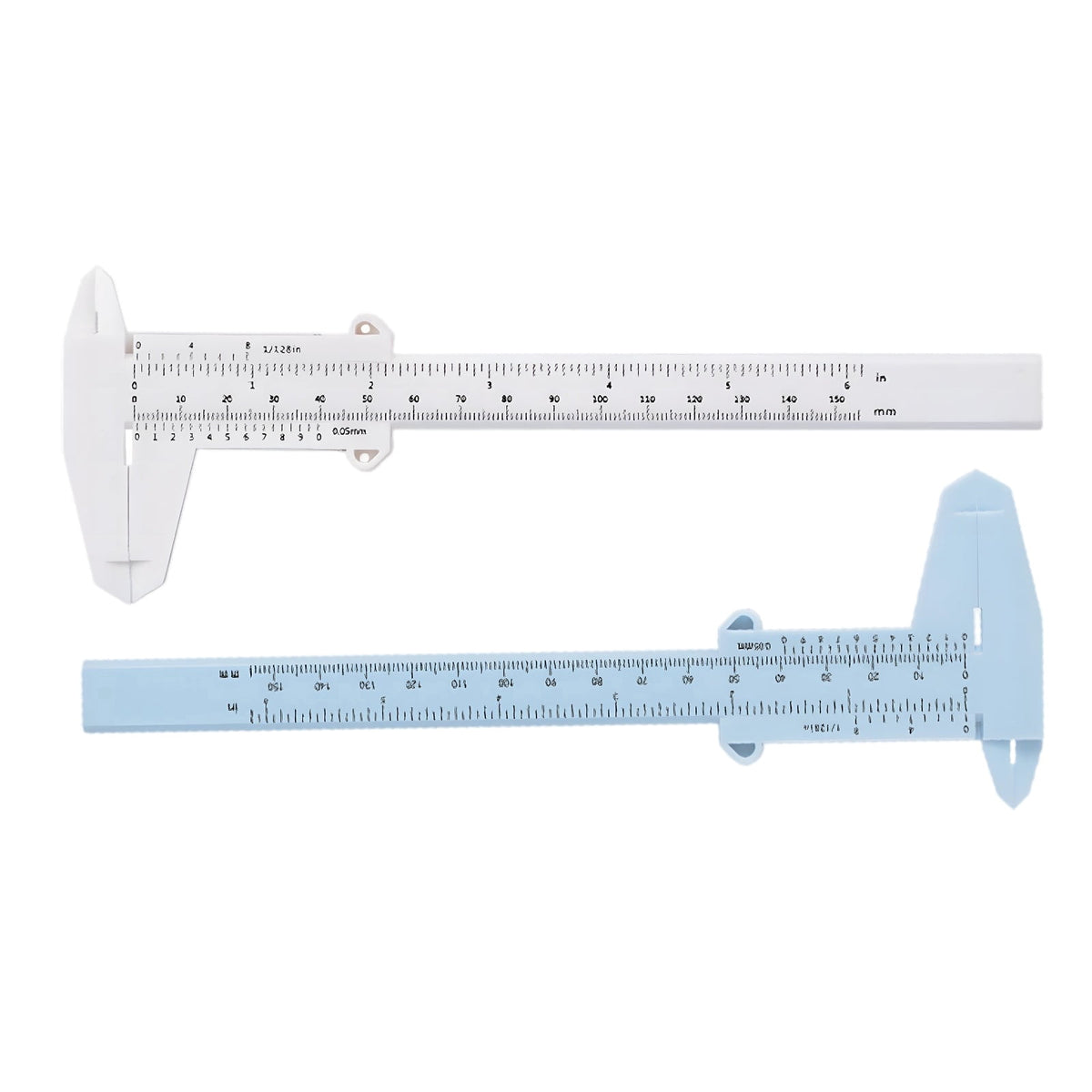 2 Pcs Plastic Sliding Calipers, 5.9 in / 150 mm Vernier Ruler, 0.05 mm Precision Mini Measuring Tool with Dual Scales, White Blue Eyebrow Tattoo Caliper for Permanent Makeup, Jewelry