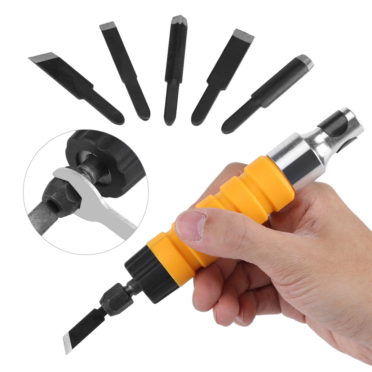 NFTIGB Electric Woodworking Carving Chisel Engraving Knife Tool Set with 5 Blades, 1 Wrench. High Speed Vibration Wood Carving Tool for Furniture, Antique Floor, Toys. 6.3 inches / 16 cm