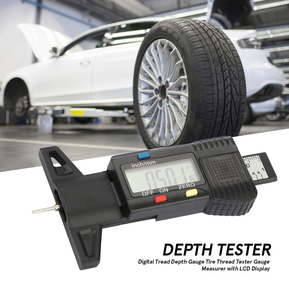 High Precision Digital Tread Depth Gauge and Tire Wear Tester 0-1 inch / 0-25.4 mm Carbon Fiber Brake Shoe Pad Measuring Tool Clear LCD Screen