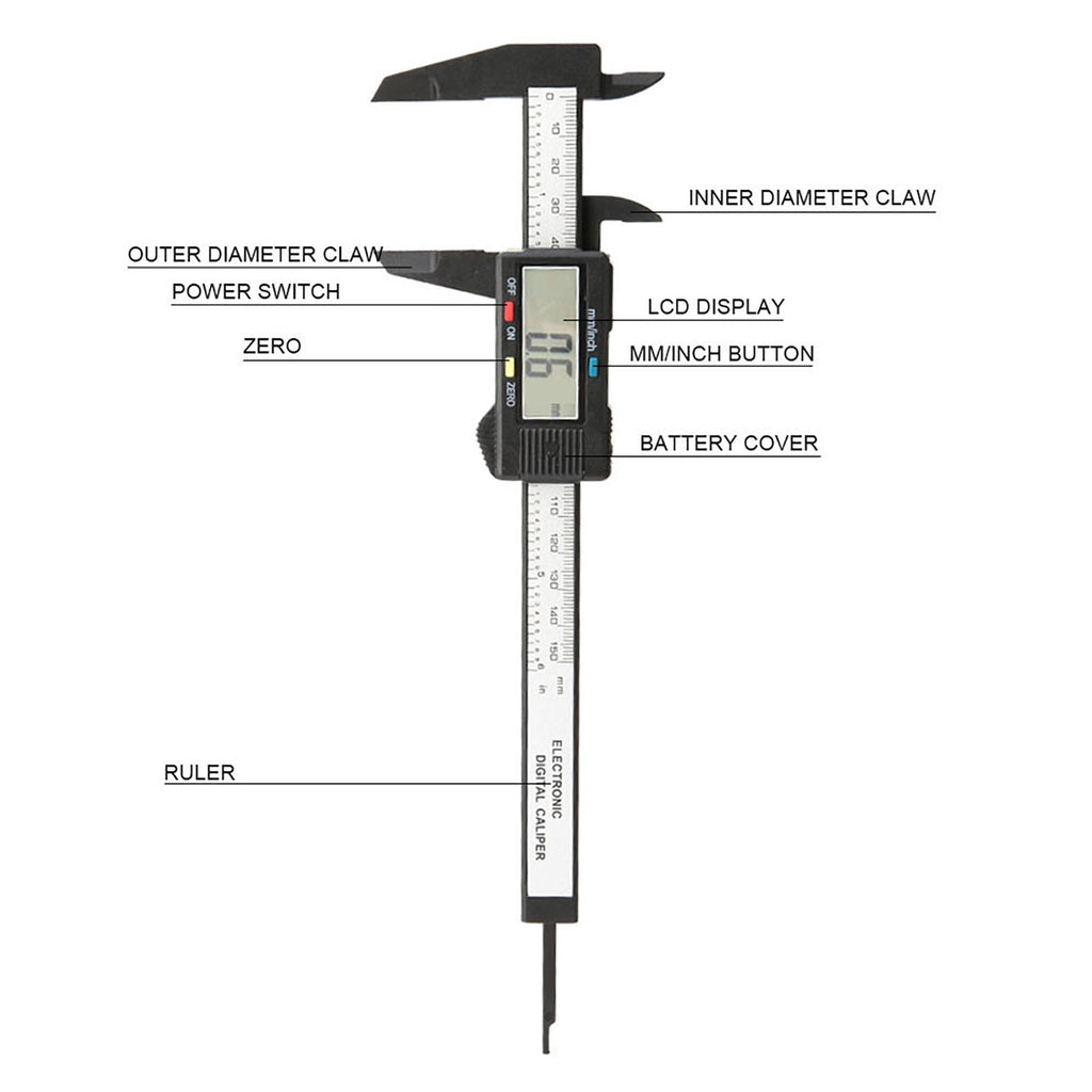 BIMZUC 6 inch Digital LCD Vernier Caliper Gauge Micrometer Measuring Tool, Accurate 150mm Measurement Caliper for Lab Workshop Farm School Jewelry, Lightweight Durable Plastic Construction