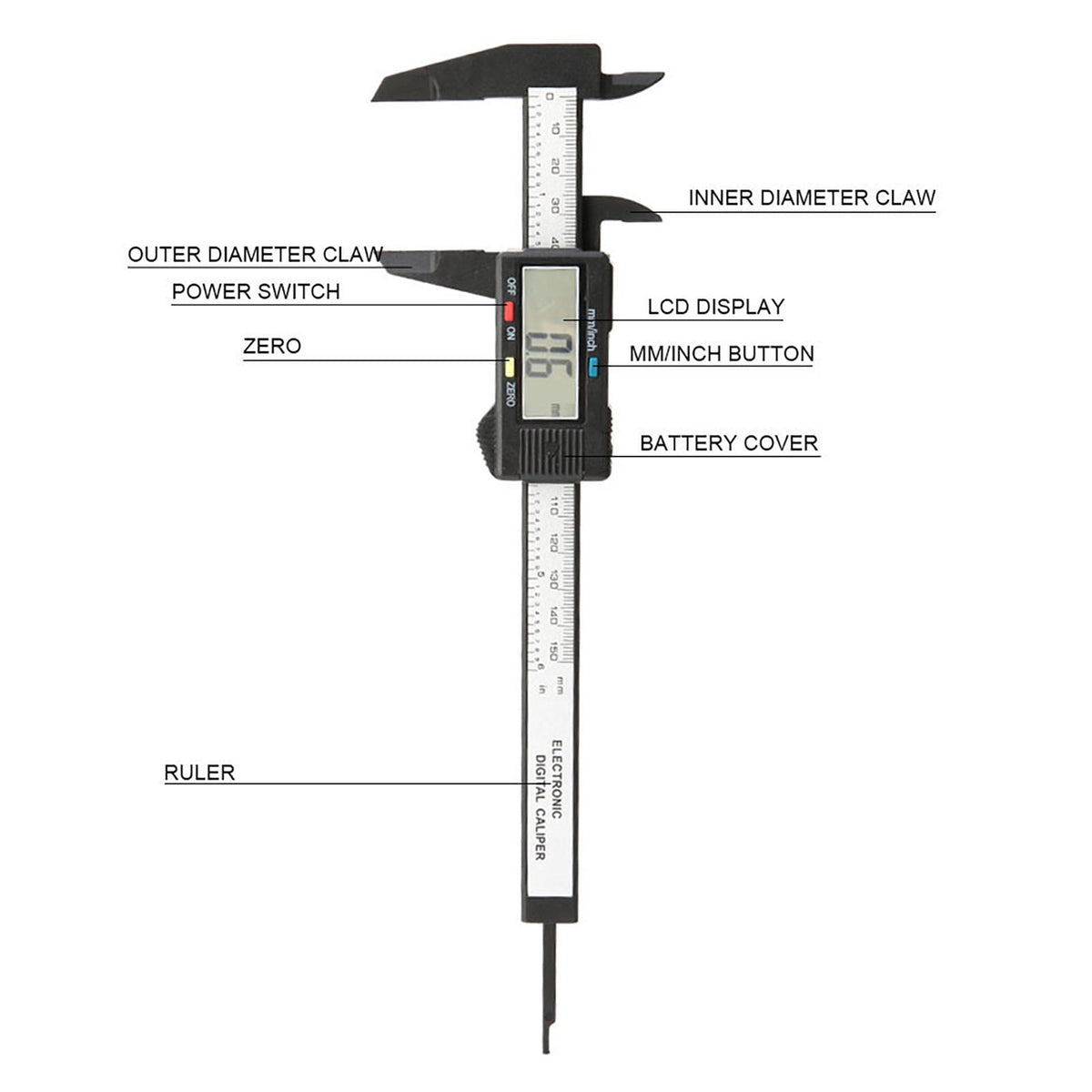 BIMZUC 6 inch Digital LCD Vernier Caliper Gauge Micrometer Measuring Tool, Accurate 150mm Measurement Caliper for Lab Workshop Farm School Jewelry, Lightweight Durable Plastic Construction