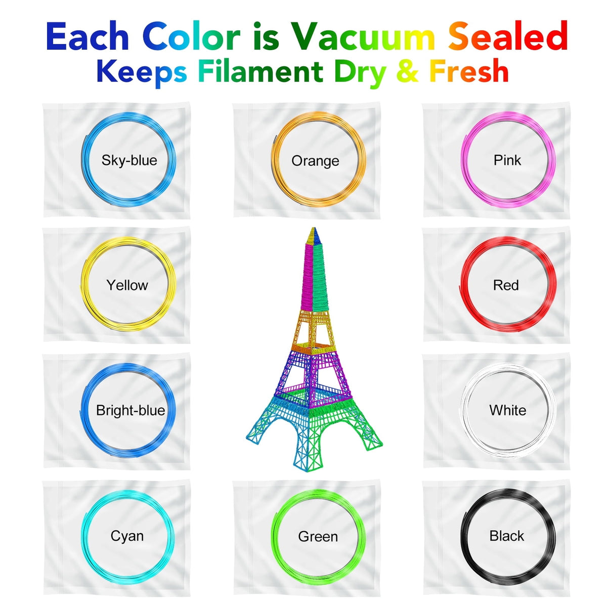 3D Pen PLA Filament Refills, 20 Colors Support for All 1.75mm 3D Printer / 3D Pen, 10 Feet Each Color, Total 200Ft 3D Printing Material (3M Each Color)