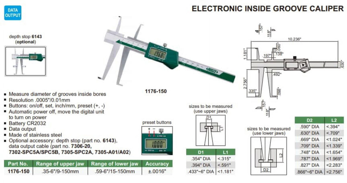 Insize ELECTRONIC INSIDE GROOVE CALIPER, upper jaw .35-6"/9-150mm, lower jaw .59-6"/15-150mm