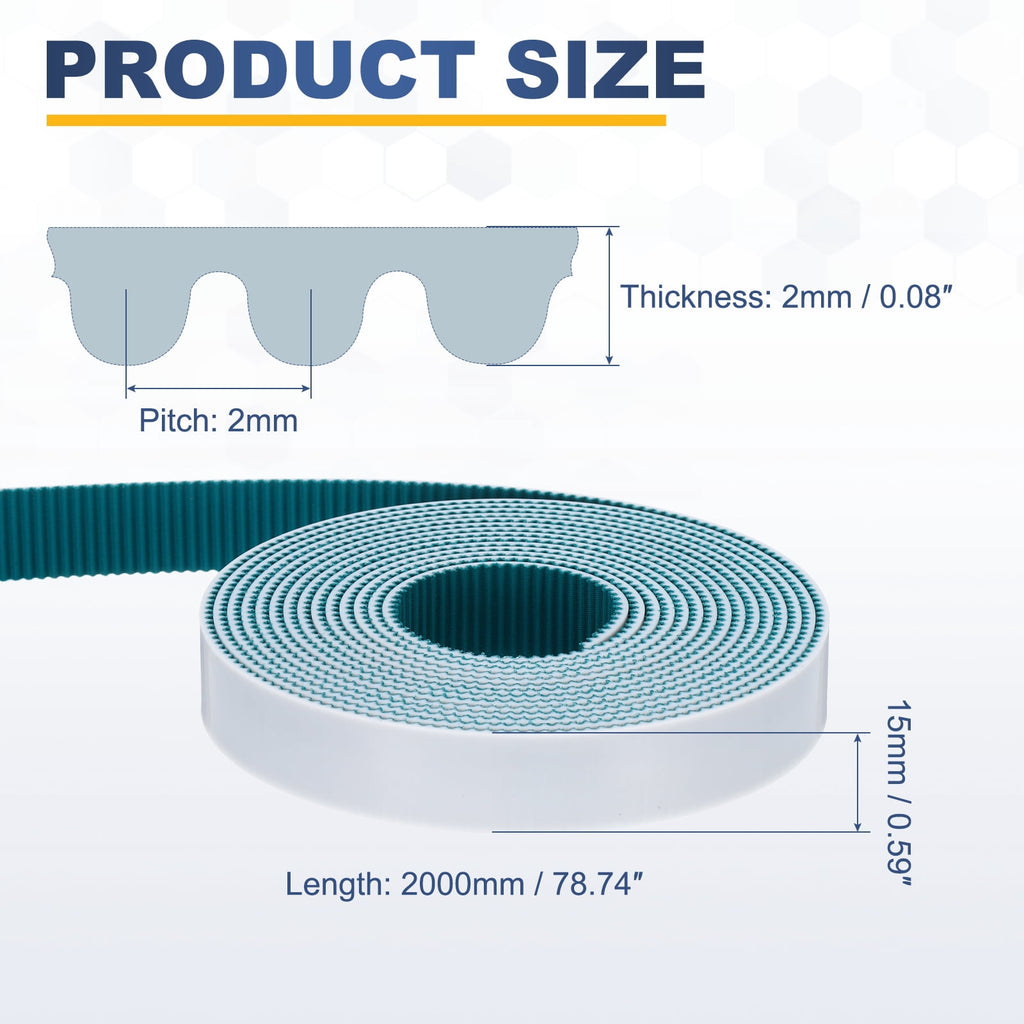 Uxcell PU Steel Cord 2GT Timing Belt Green Cloth Teeth 15x2000mm 2mm Pitch 2mm Thick White Open Loop Pulley Timing Belt for 3D Printer