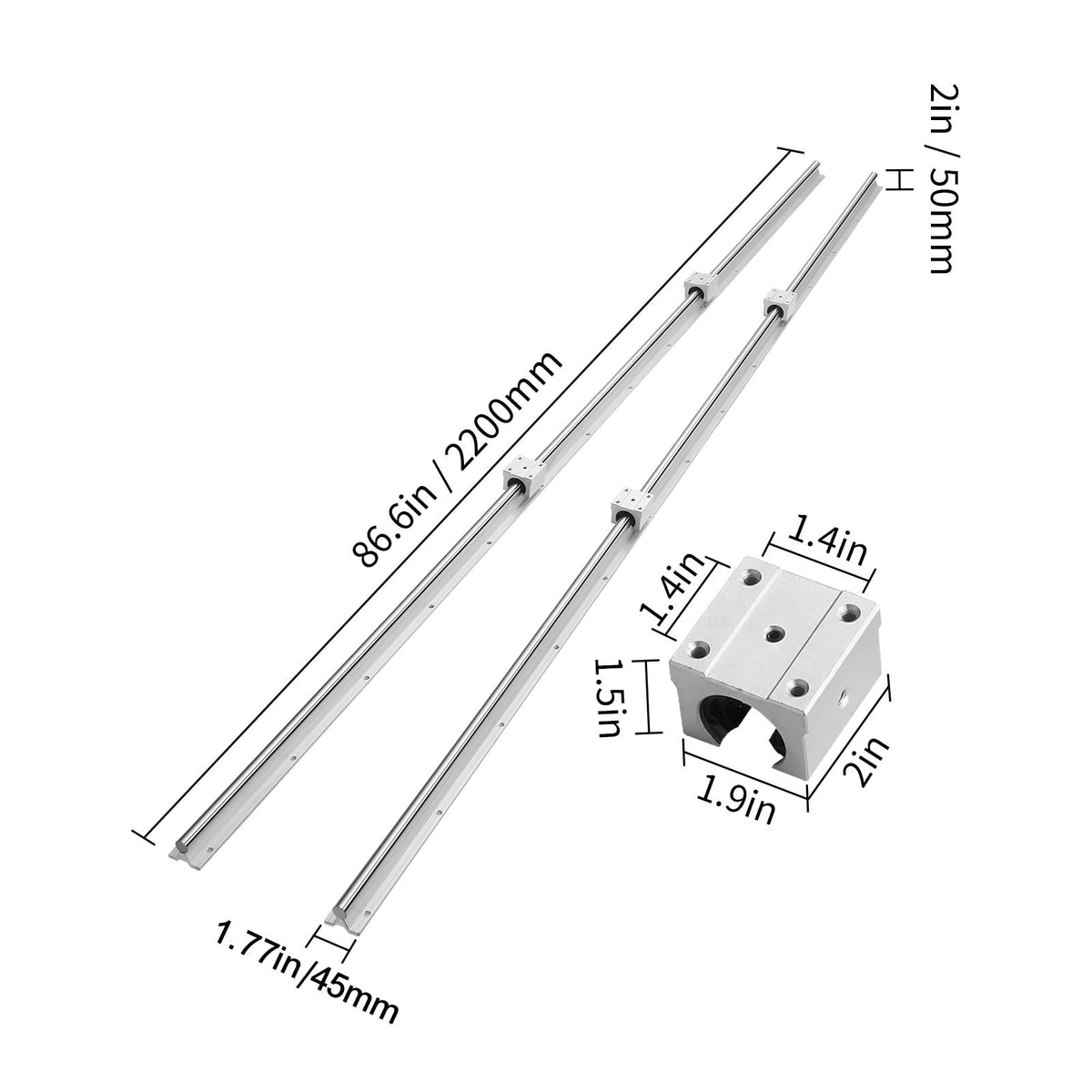 KFFKFF Linear Movement Kit, SBR20 2200mm, Includes Dual 86.6-inch SBR20 Guides & Four SBR20UU Bearings, Perfect for Homemade CNC & Automation Tasks
