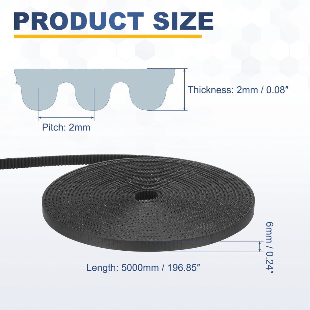 Uxcell PU Steel Cord 2GT Timing Belt Black Cloth Teeth 6x5000mm 2mm Pitch 2mm Thick White Open Loop Pulley Timing Belt for 3D Printer