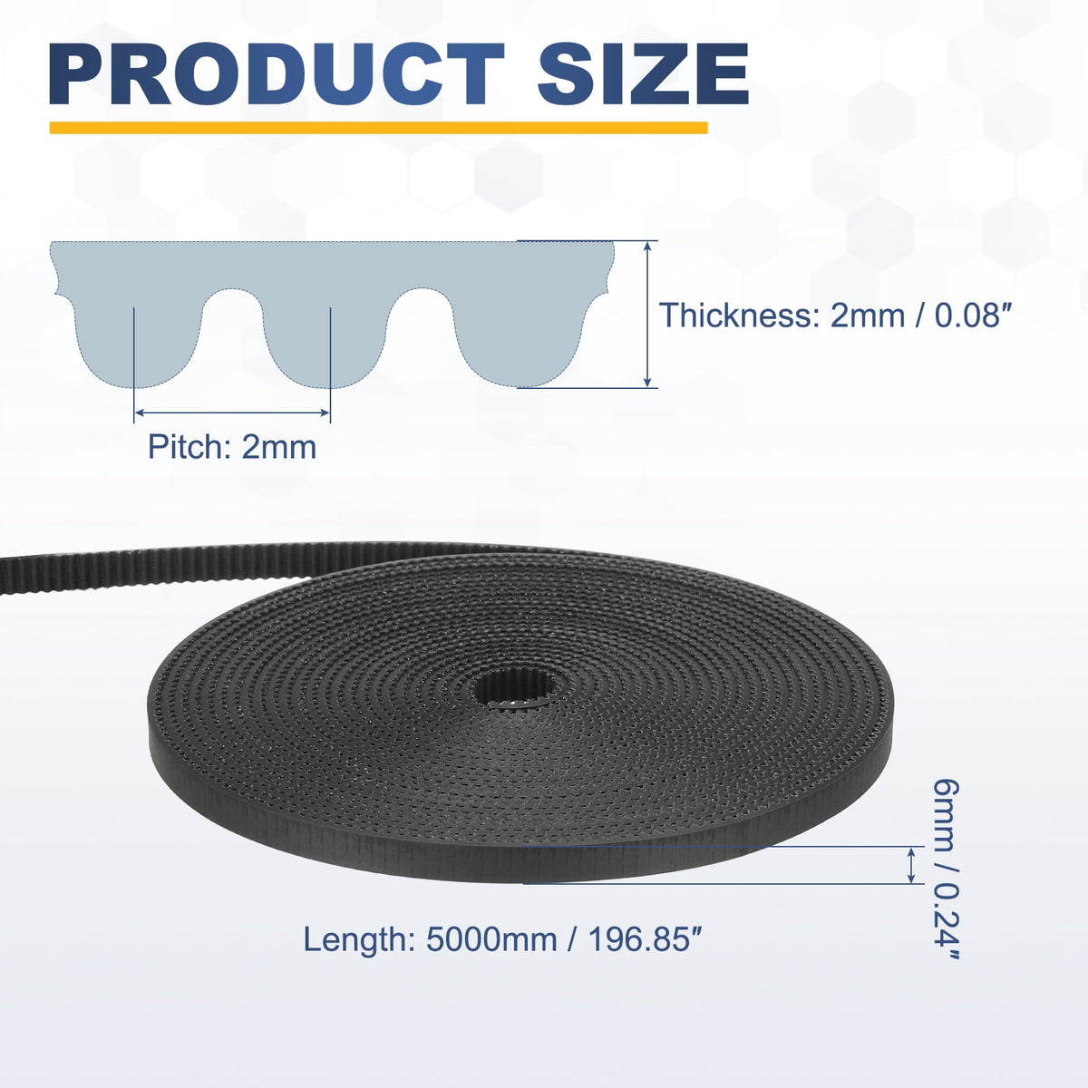 Uxcell PU Steel Cord 2GT Timing Belt Black Cloth Teeth 6x5000mm 2mm Pitch 2mm Thick White Open Loop Pulley Timing Belt for 3D Printer