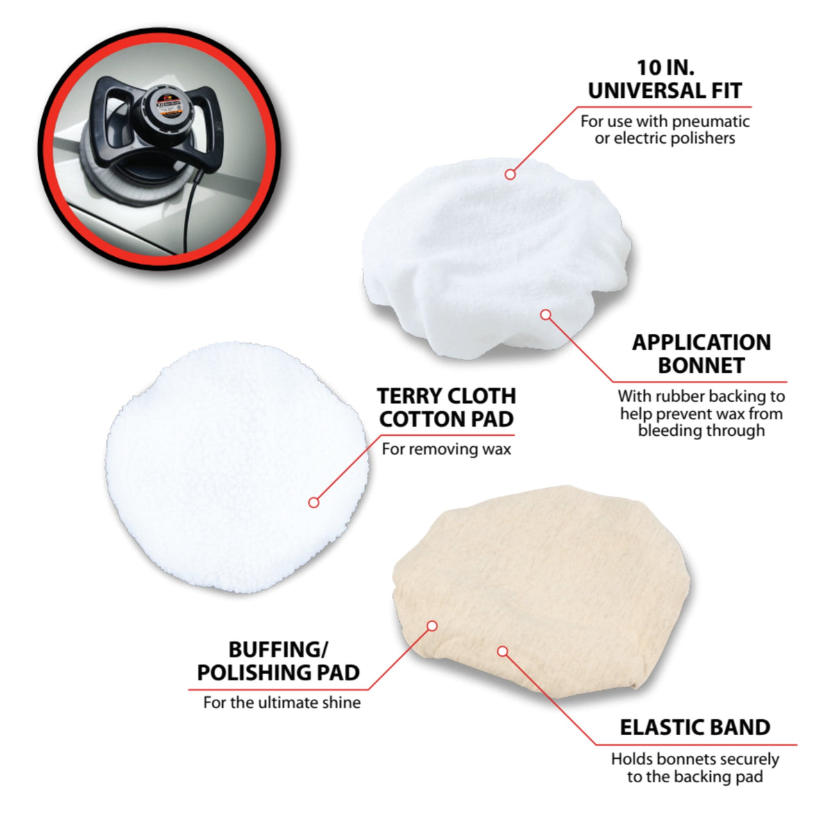 Performance Tool W50056 3 Piece 10 Inch Polishing Bonnets