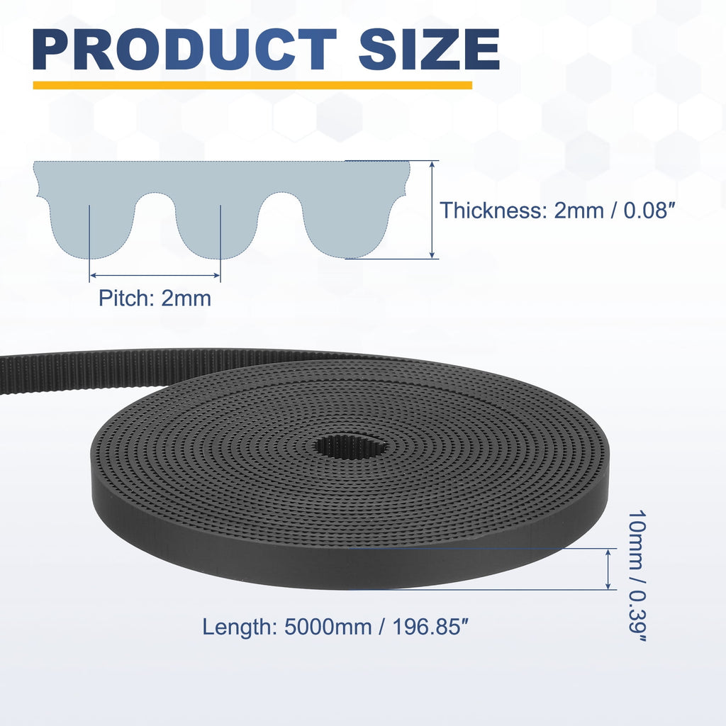 Uxcell Polyurethane PU Steel Cord 2GT Timing Belt 10x5000mm2mm Pitch 2mm Thick Black Open Loop Pulley Timing Belt for 3D Printer