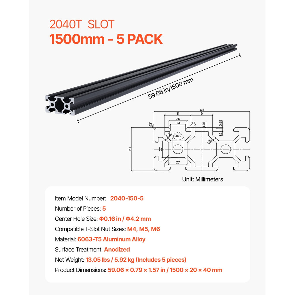 KFFKFF 5PCS 78.7 in (2000mm) T Slot 2040 Aluminum Extrusion Profile, European Standard Anodized Linear Rail, Durable Aluminum Rail for 3D Printer, CNC Projects, Laser Engraving, Black