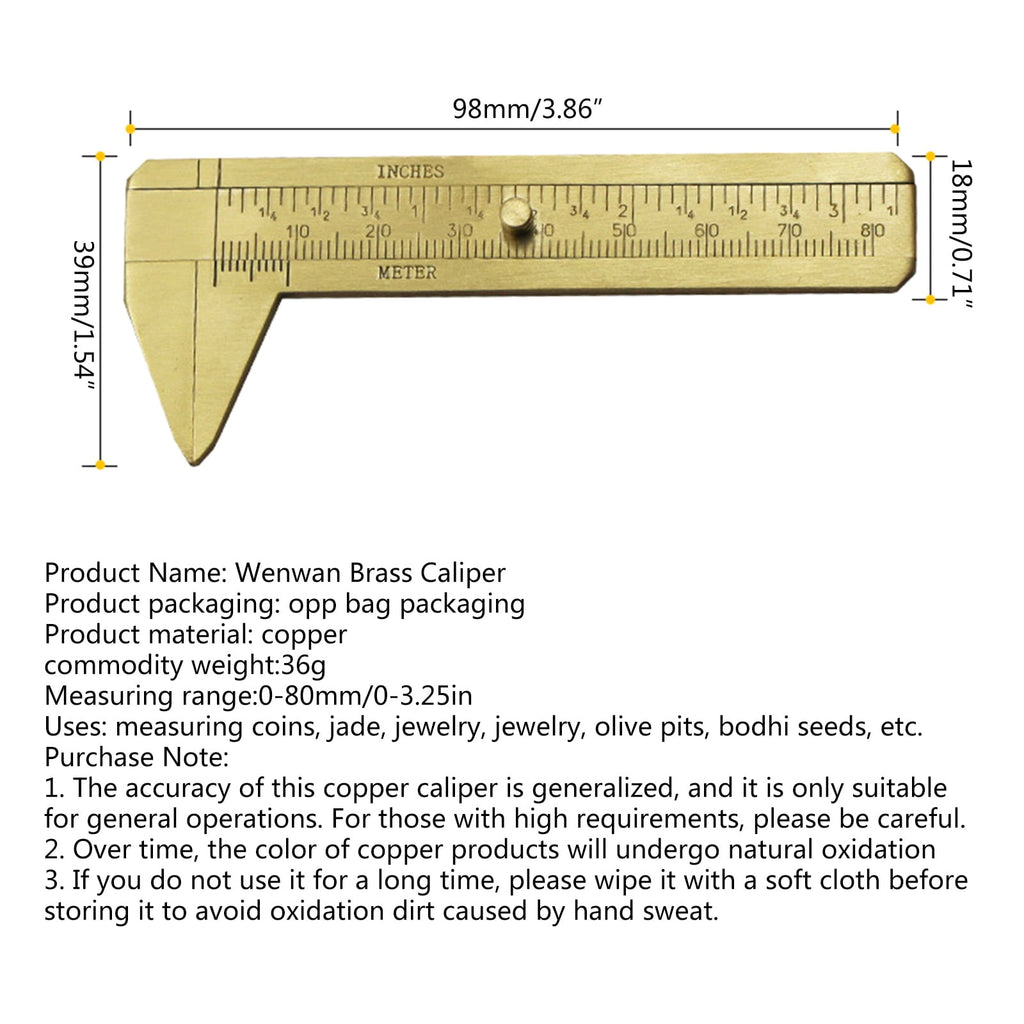 RABBITH Brass 80mm Sliding Metric and Inch Mini Caliper Gauge Retro Vernier Caliper Bead Wire Jewelry Measuring Tool Golden