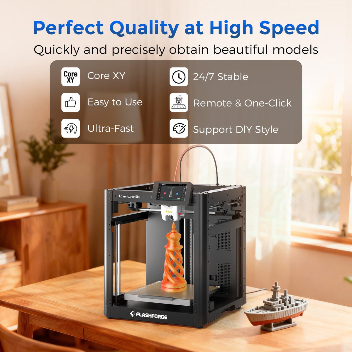 Flashforge Adventurer 5M 3D Printer, 600mm/s High Speed Printing & Screen, 1 Count, 8.7 x 8.7 x 8.7''
