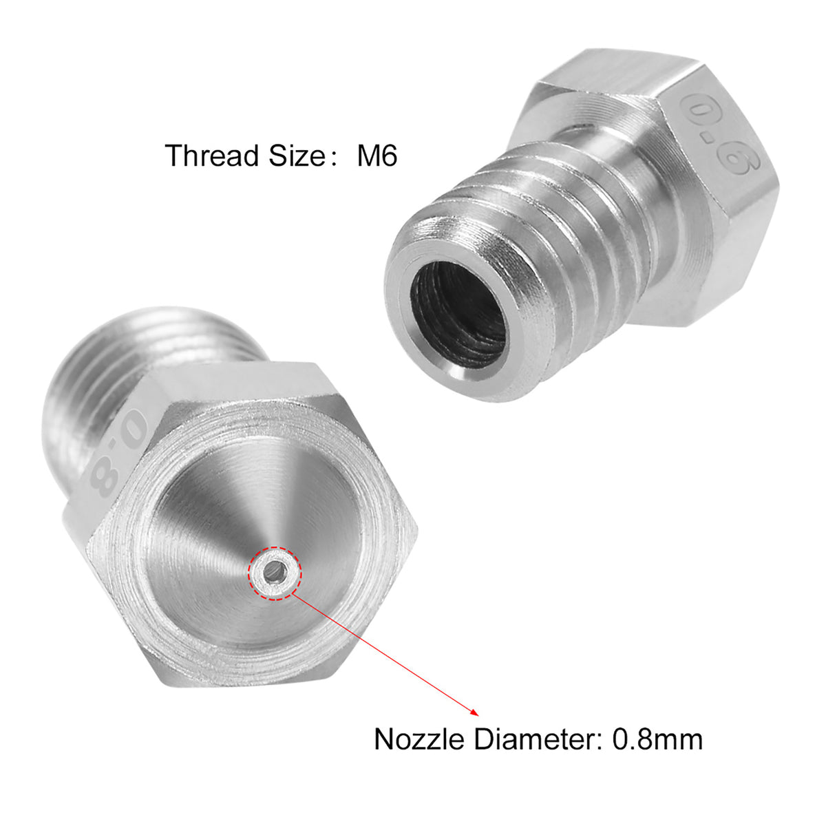 0.4mm 3D Printer Nozzle Head M6 Thread for V5 V6 1.75mm Extruder Print, Stainless Steel 2pcs