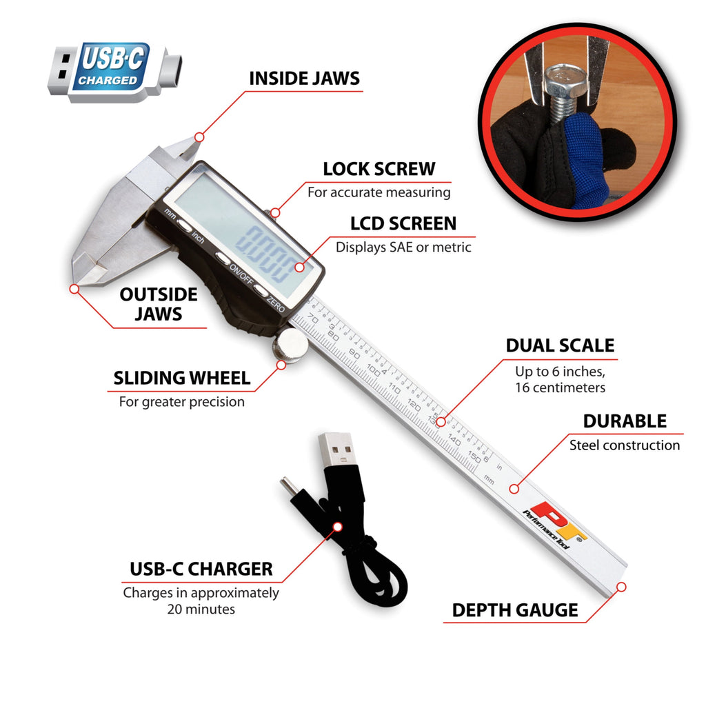 Performance Tool W80153 6 Inch Steel Digital Caliper with Large LCD Screen, USB C Charging, Stainless Body, Inch/Metric Conversion, Precision Measuring Tool for Home Garage Shop Professional Use