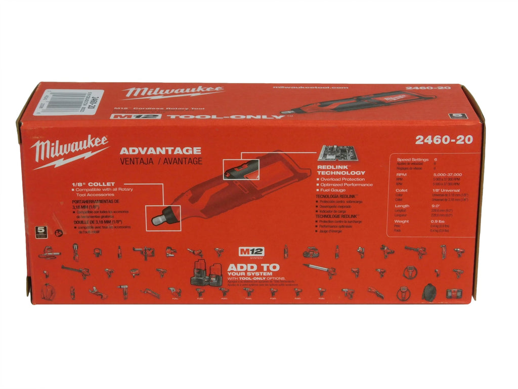 Milwaukee M12 Cordless Rotary Tool (2460-20) – 5,000–32,000 RPM, 1/8 in Collet, Compact Design, Tool Only