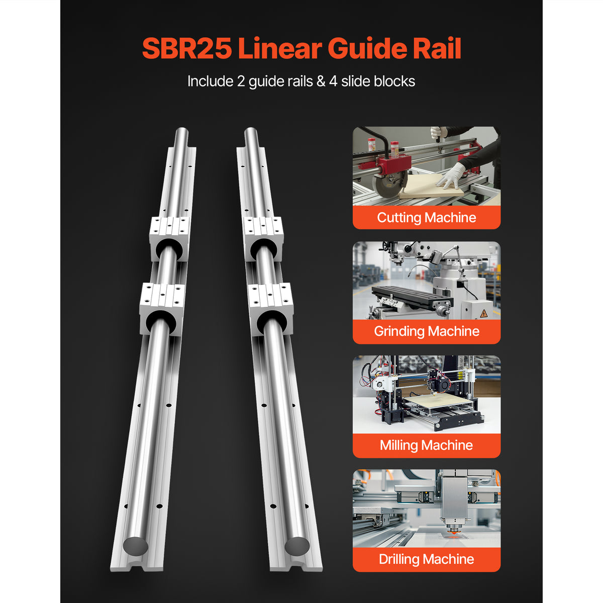 KFFKFF Linear Rail Kit, SBR25, Includes 2 Pieces of 1200 mm (47.24 inch) Motion Guide Rails and 4 Bearing Slide Blocks, Fully Supported Shaft, Suitable for Cutting, Grinding, Milling