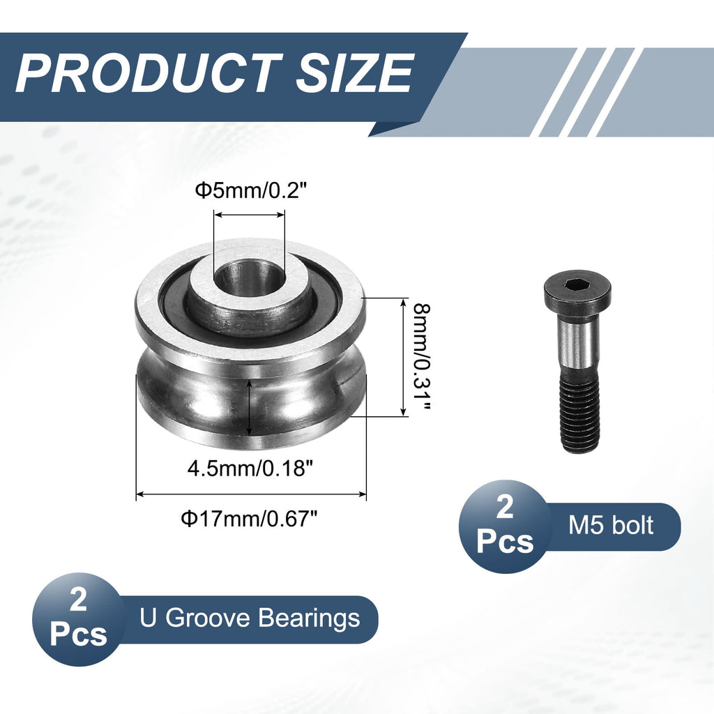 Uxcell 2 Pcs U Groove Bearings, 5x16x8mm Rail Ball Bearings Groove Guide Pulley Bearing Steel Replacement for Rail Track Linear Motion System Printing Project ABEC1