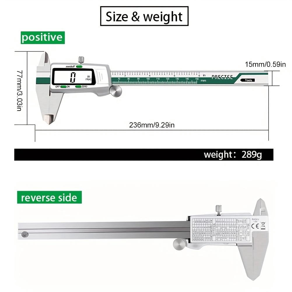 Green Stainless Steel Digital Caliper, 6-Inch Vernier Caliper with LCD Display & Auto-Off for Precision Measurement