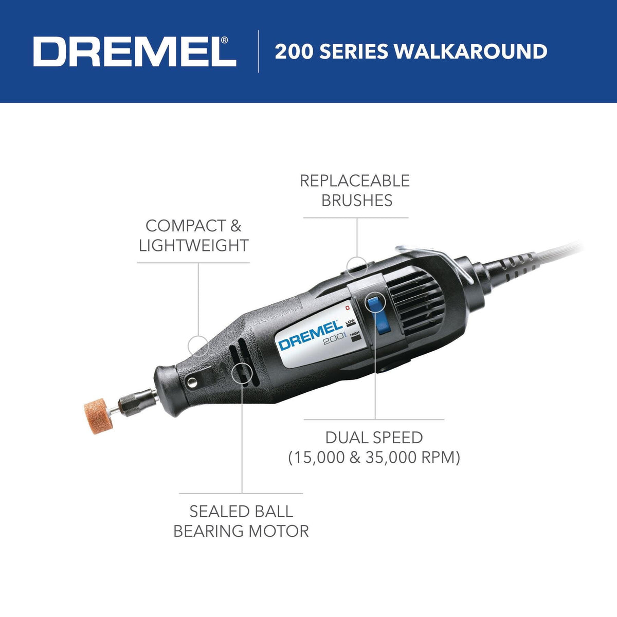 Dremel 200-N/6 Corded 2 Speed Rotary Tool includes 6 Accessories, 0.9A/120 Volts