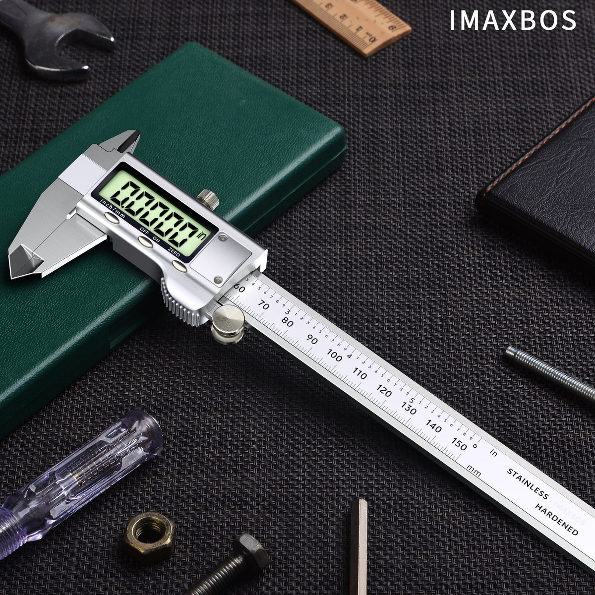 IMAXBOS 6-Inch Digital Caliper, Professional Metal Vernier Caliper with LCD Display, Inch/MM Conversion, Zinc-Plated Rust-Resistant, Auto Shut-Off & Zero Function, Includes Extra Battery