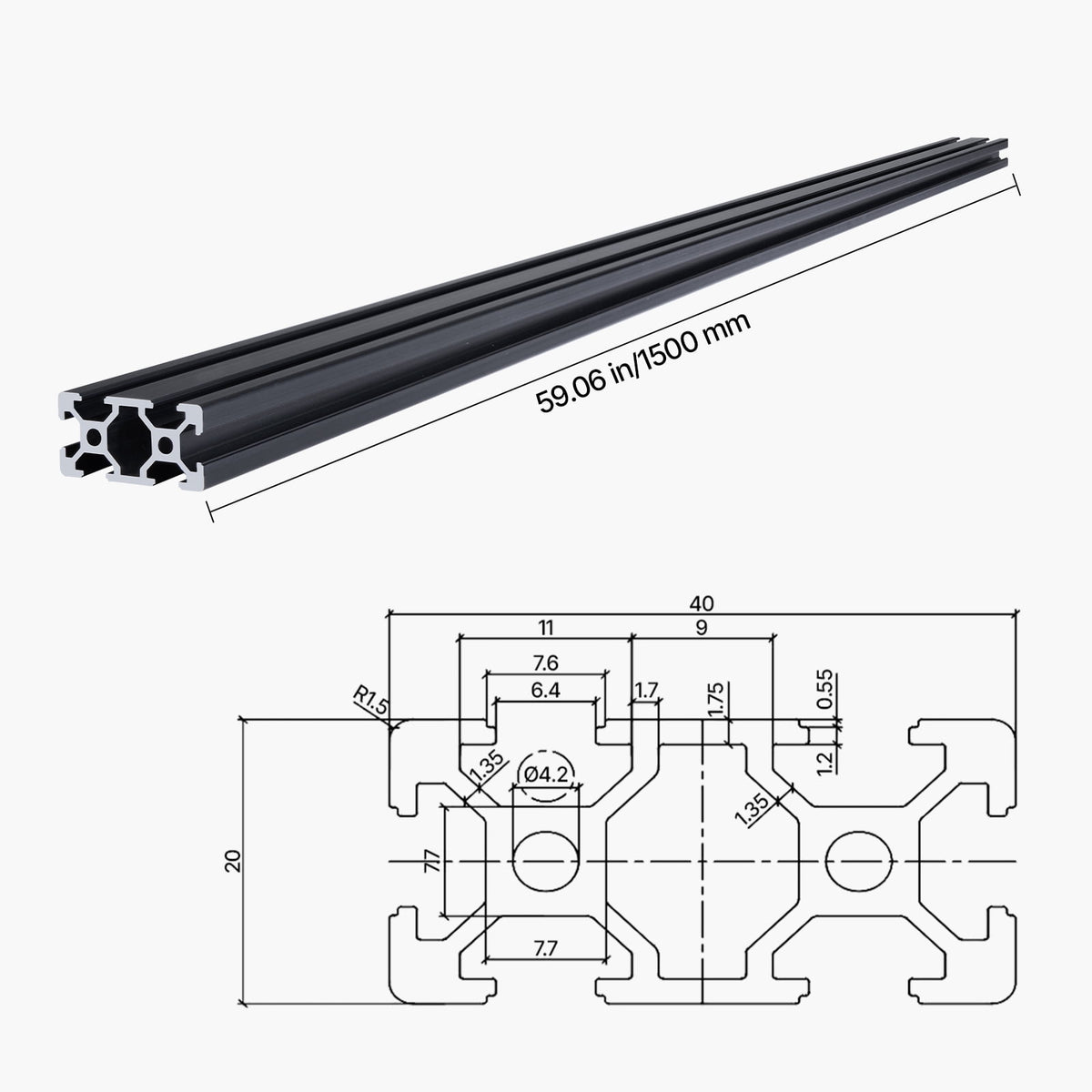 KFFKFF 5PCS 59 in (1500 mm) T Slot 2040 Aluminum Extrusion Profile, European Standard Anodized Linear Rail, Durable Aluminum Rail for 3D Printer, CNC Machine DIY, Laser Engraving, Black