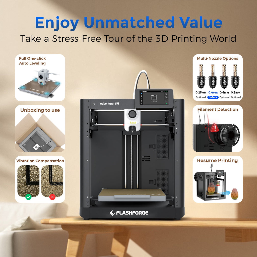Flashforge Adventurer 5M 3D Printer, 600mm/s High Speed Printing & Screen, 1 Count, 8.7 x 8.7 x 8.7''