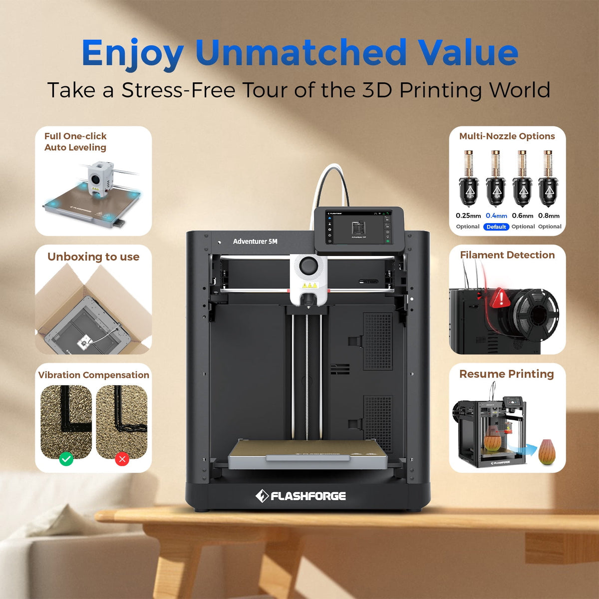 Flashforge Adventurer 5M 3D Printer, 600mm/s High Speed Printing & Screen, 1 Count, 8.7 x 8.7 x 8.7''