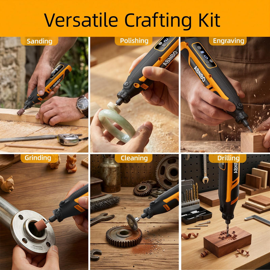 ABNBO Mini Cordless Rotary Tool,5-Speed 30000RPM,Power Rotary Tool Kit 4V Type-C Charging with Digital Display, 100 Accessories for Sanding,Polishing,Engraving,Carving, DIY Crafts (Yellow)