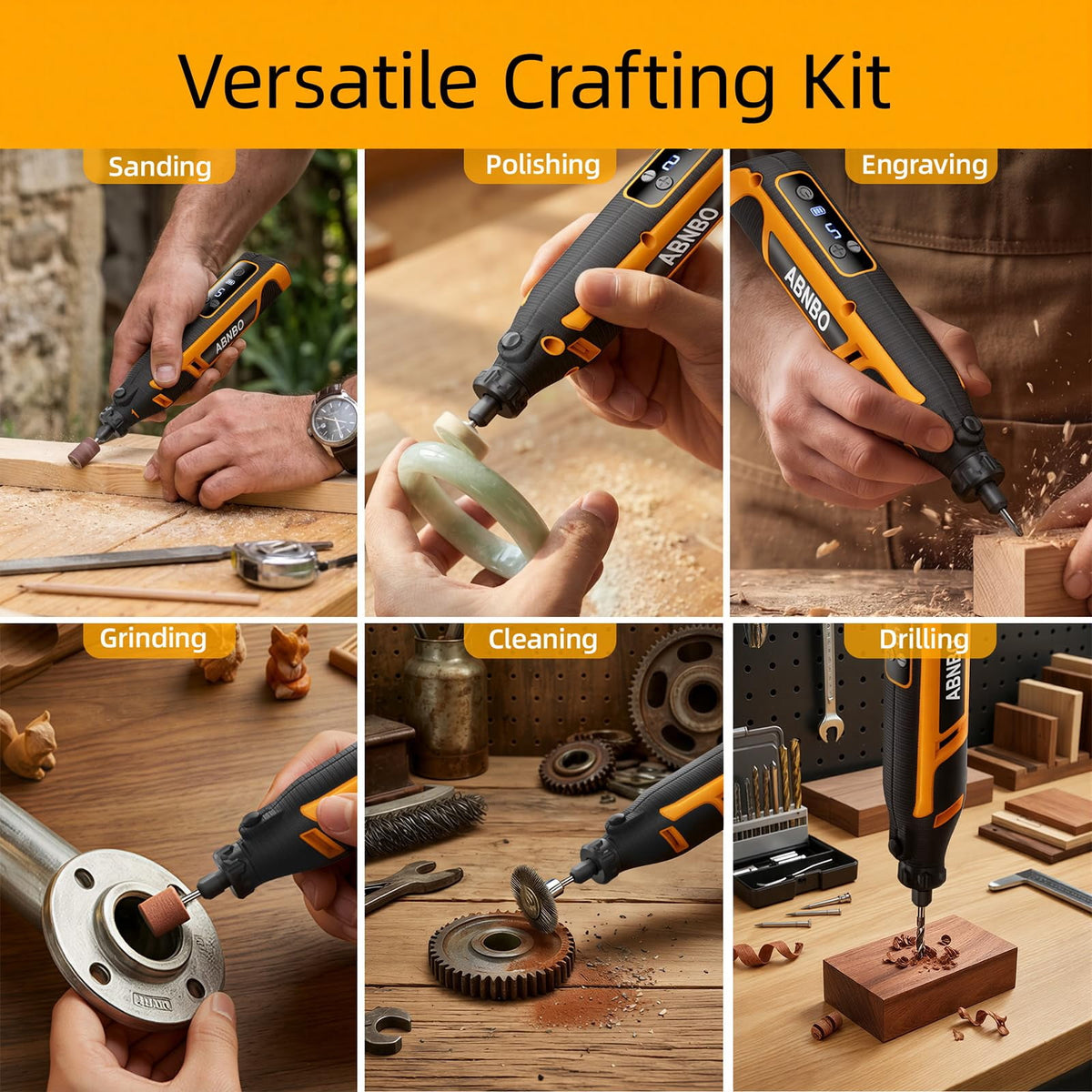 ABNBO Mini Cordless Rotary Tool,5-Speed 30000RPM,Power Rotary Tool Kit 4V Type-C Charging with Digital Display, 100 Accessories for Sanding,Polishing,Engraving,Carving, DIY Crafts (Yellow)