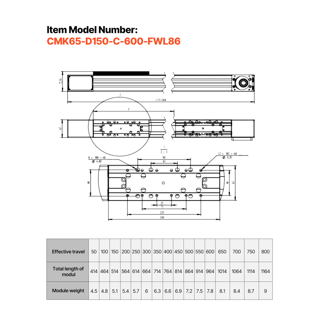 KFFKFF Linear Guide Rail with Belt Drive, CNC Motion Stage Actuator, Equipped with Nema34 Stepper Motor, 600 mm Stroke Length, Designed for High-Speed Operation, Suitable for Engraving Machines
