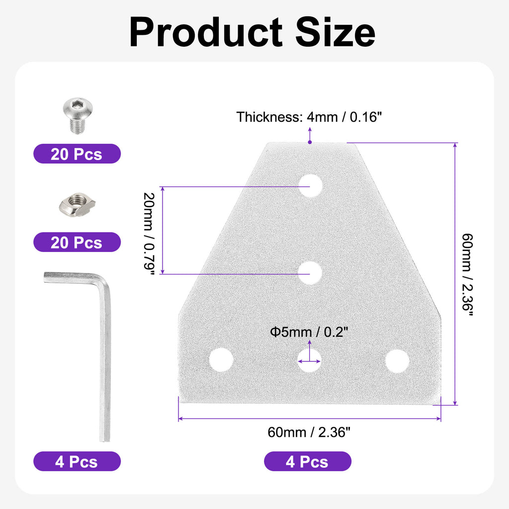 Uxcell 4Set 2020 Corner Bracket Plate, T-Slot Aluminum Extrusion Connector, Outside Joint Plate with Screws for 2020 Series Aluminum Profile 3D Printer Frame, Silver Tone