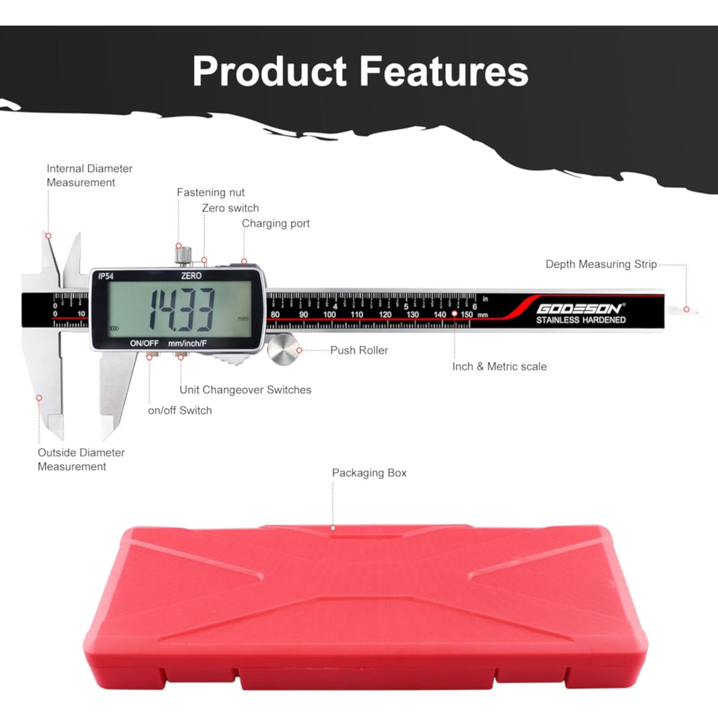 Digital Caliper, Rechargeable Digital Micrometer-IP54 Waterproof, Stainless Steel & Large LCD Screen Caliper Measuring Tool-Inch/Metric/Fraction,6" Calipers-Auto Off for Pros & DIYers