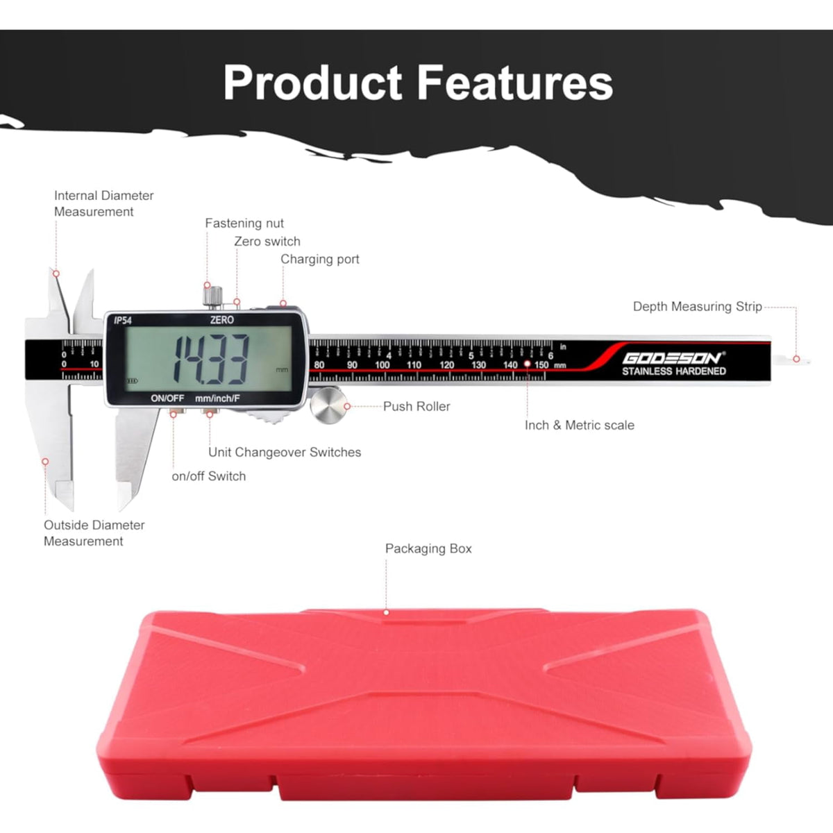 Digital Caliper, Rechargeable Digital Micrometer-IP54 Waterproof, Stainless Steel & Large LCD Screen Caliper Measuring Tool-Inch/Metric/Fraction,6" Calipers-Auto Off for Pros & DIYers